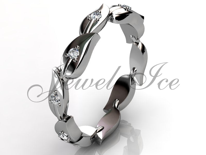 Floral Wedding Band - 14k White Gold Diamond Unusual Unique Leaf and Vine Floral Wedding Band