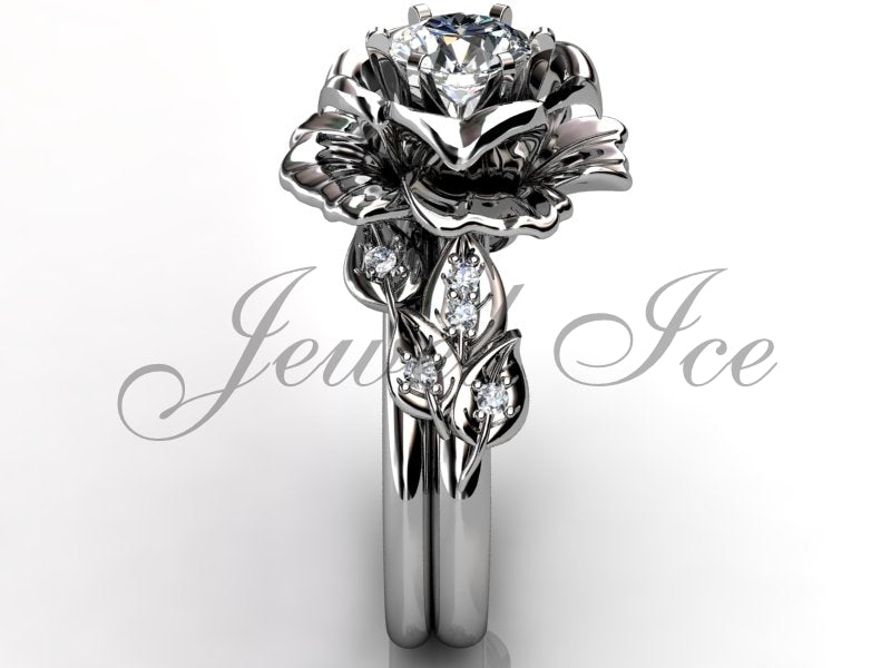 Platinum diamond unusual unique flower engagement ring, bridal ring, wedding ring, flower engagement set ER-1055