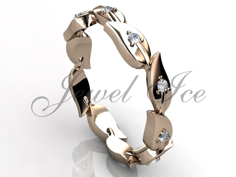 14k Rose Gold Floral Wedding Band – Leaf & Vine Diamond Design