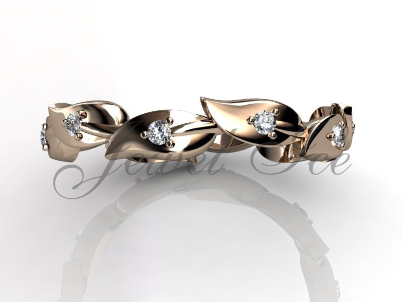 14k Rose Gold Floral Wedding Band – Leaf & Vine Diamond Design