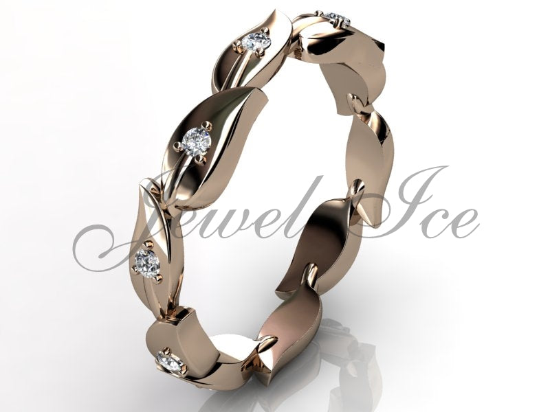 14k Rose Gold Floral Wedding Band – Leaf & Vine Diamond Design