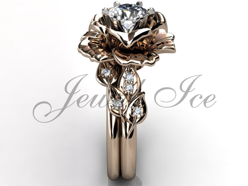 Rose Gold Flower Engagement Ring Set – Unique Floral Diamond Wedding Band