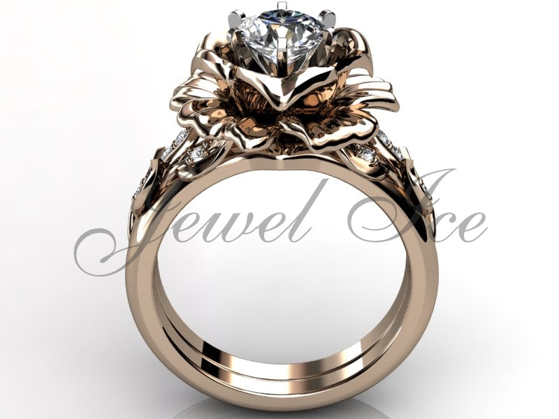 Rose Gold Flower Engagement Ring Set – Unique Floral Diamond Wedding Band