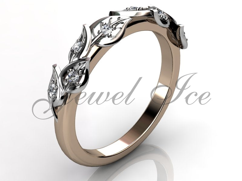 Floral Wedding Band in 14k Rose & White Gold – Leaf & Vine Diamond Design
