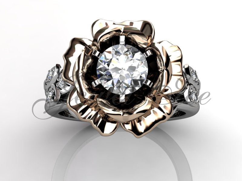 14k Two Tone white and rose gold diamond unusual unique flower engagement ring, bridal ring, wedding ring, flower engagement set