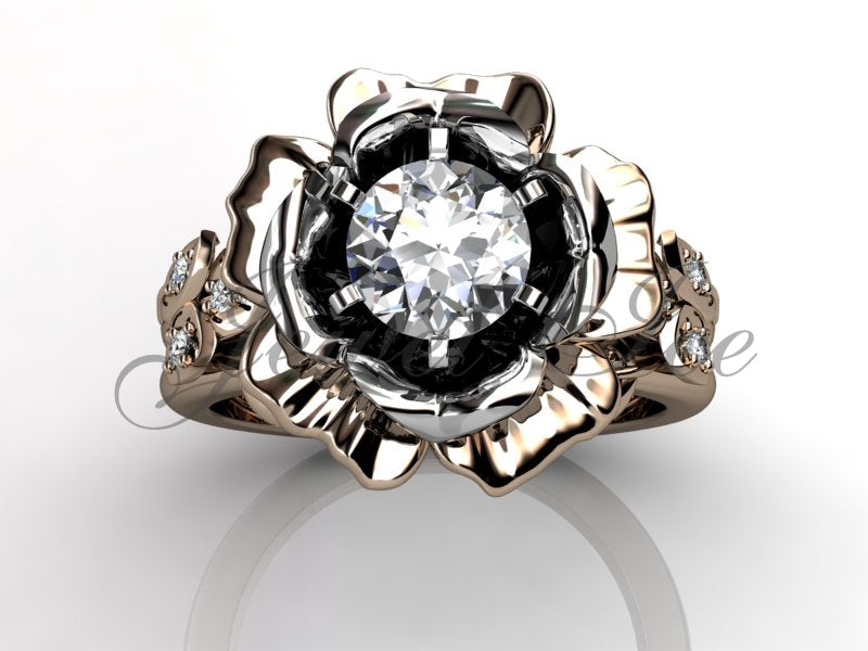 14k Two-Tone Rose & White Gold Flower Engagement Ring Set – Diamond Floral Bridal Ring