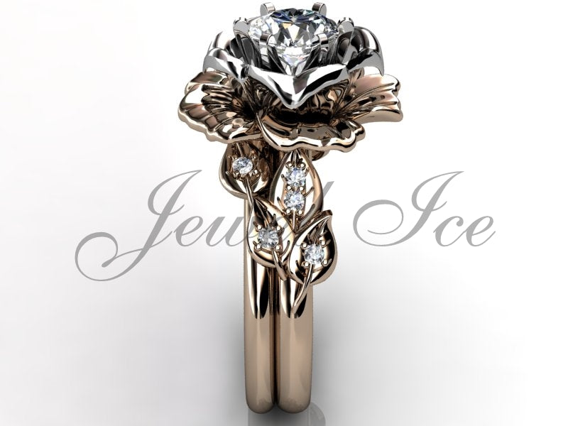 14k Two-Tone Rose & White Gold Flower Engagement Ring Set – Diamond Floral Bridal Ring