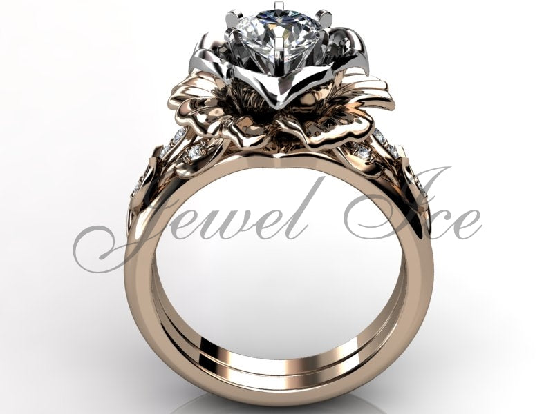 14k Two-Tone Rose & White Gold Flower Engagement Ring Set – Diamond Floral Bridal Ring