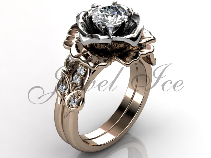 14k Two-Tone Rose & White Gold Flower Engagement Ring Set – Diamond Floral Bridal Ring