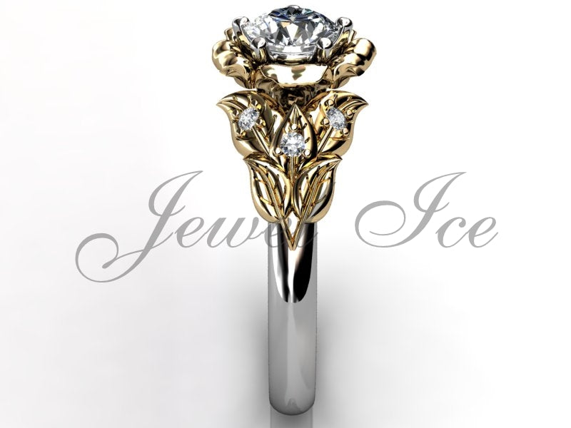 Leaves & Flower Engagement Ring - White and Yellow Gold Diamond Unique Leaf and Flower Engagement Ring, Leaf Flower Wedding Ring