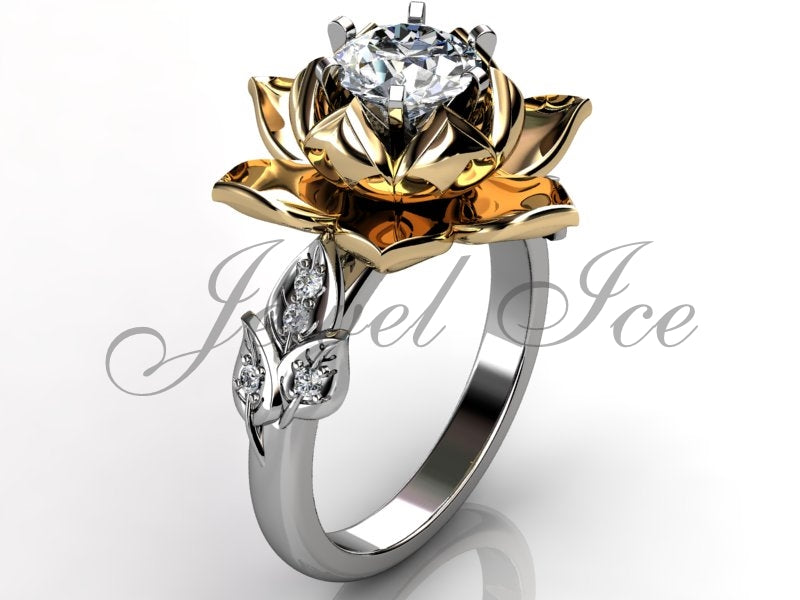Lotus Flower Engagement Ring - 14k White & Yellow Gold Diamond Unique Lotus Flower Engagement Ring, Lotus Flower Wedding Ring