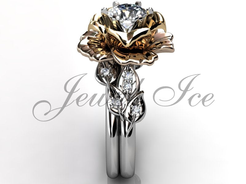 Unique Flower Engagement Ring Set, White Rose and Yellow Gold Diamond Flower Wedding Band Engagement Ring Set, Floral Wedding Ring