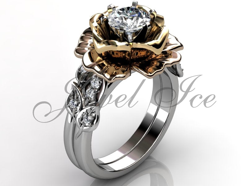 Unique Flower Engagement Ring Set, White Rose and Yellow Gold Diamond Flower Wedding Band Engagement Ring Set, Floral Wedding Ring