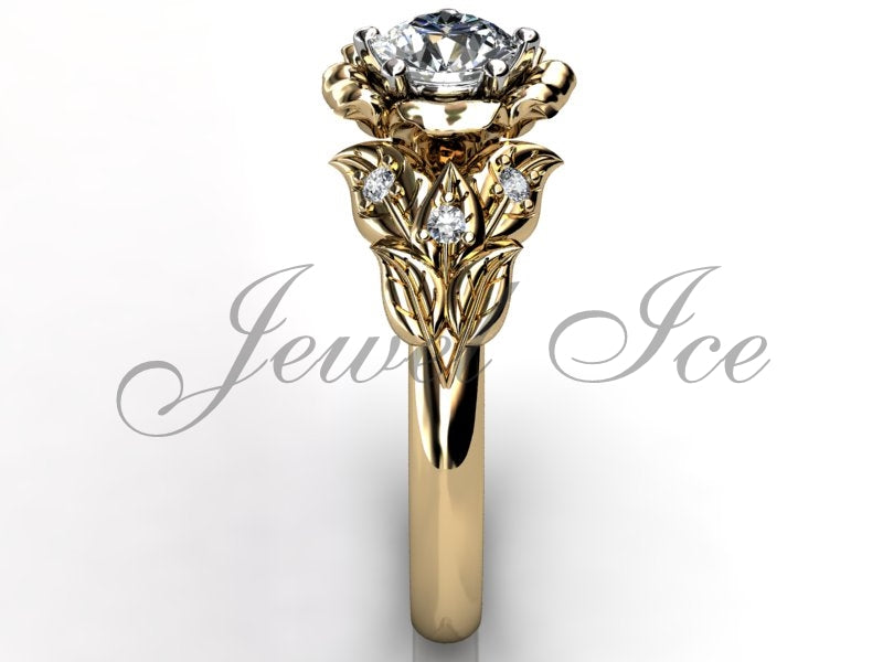 Leaves & Flower Engagement Ring - 14k Yellow Gold Diamond Unique Leaf and Flower Engagement Ring, Leaf and Flower Wedding Ring