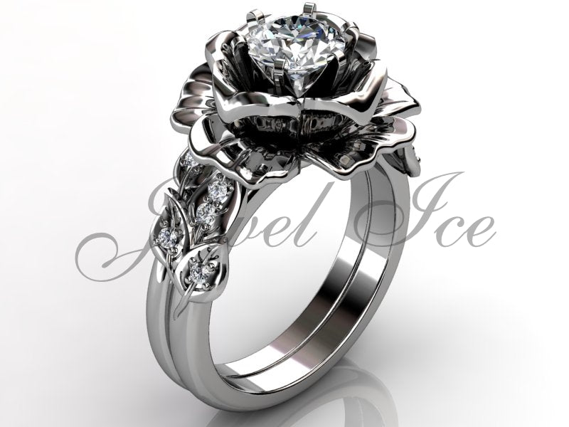 14k White Gold diamond unusual unique flower engagement ring, bridal ring, wedding ring, flower engagement set