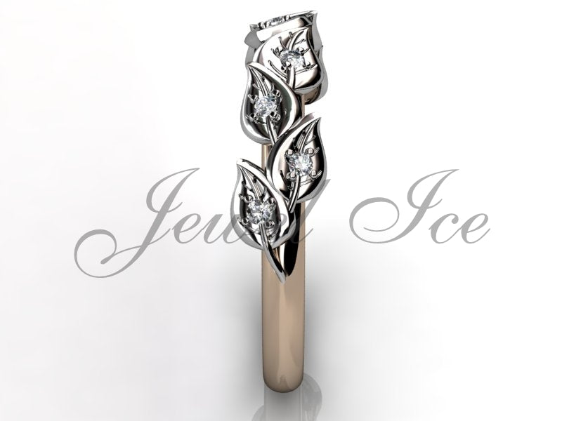 Floral Wedding Band in 14k Rose & White Gold – Leaf & Vine Diamond Design